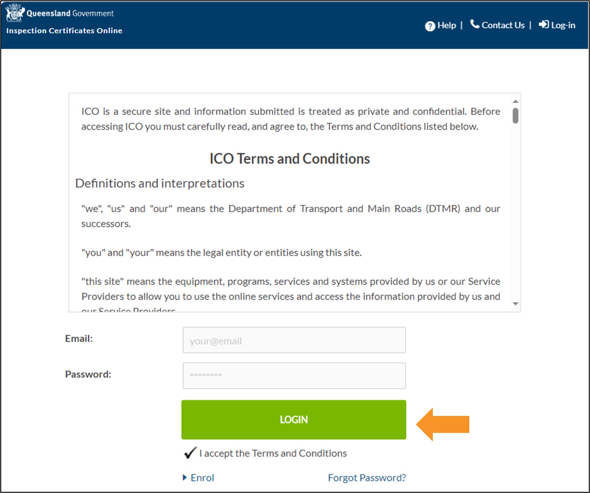 Accessing Inspection Certificates Online login screen with the terms and conditions accepted. 