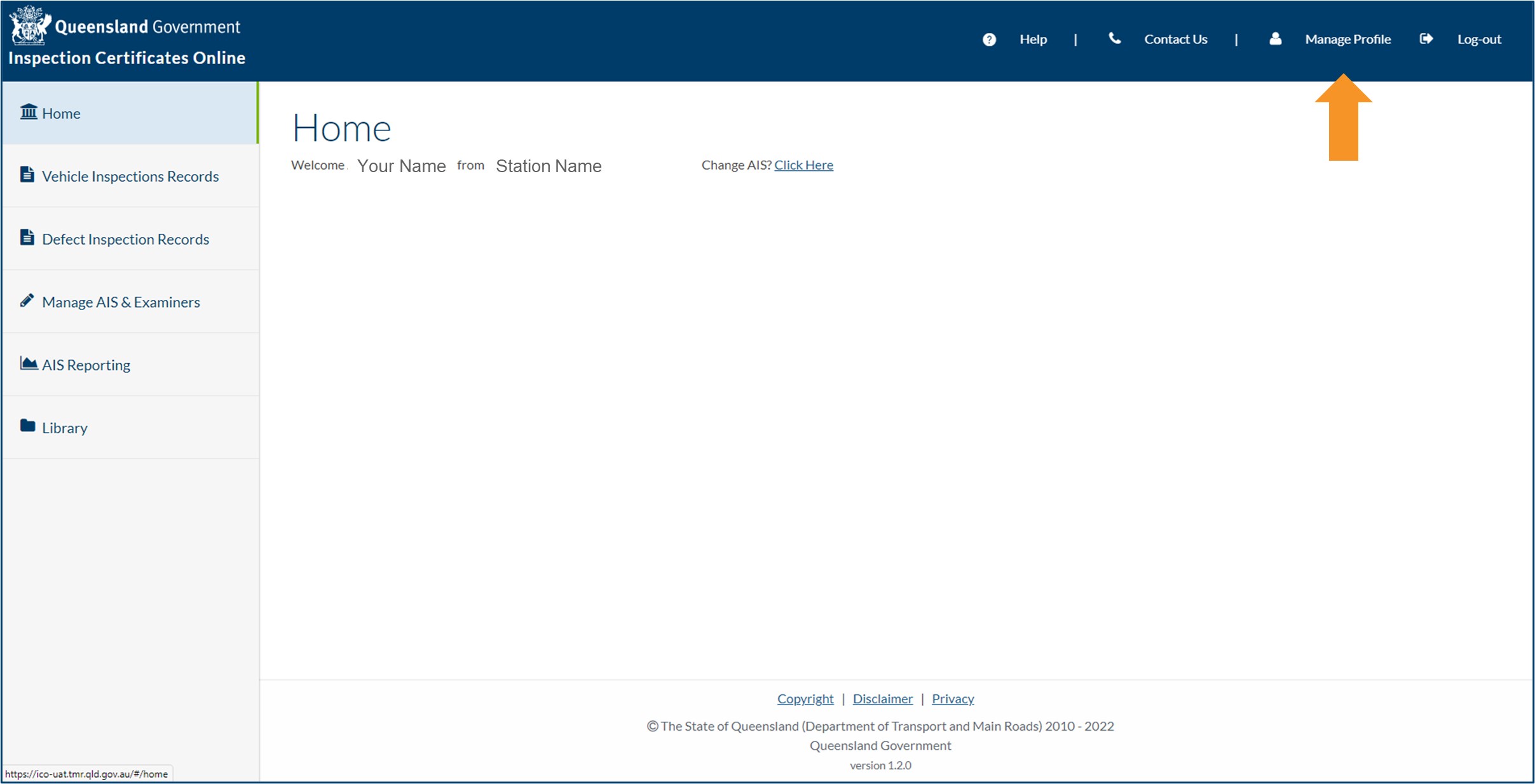 Inspection Certificates Online home screen with the Manage Profile button shown.
