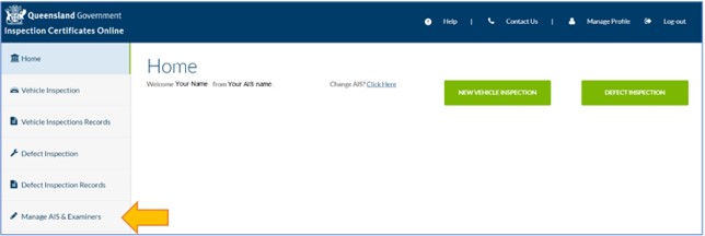 Inspection Certificates Online Home screen showing the t Manage AIS & Examiners button.