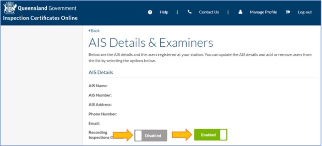 Inspection Certificates Online screen showing how to enable and disable an AIS.