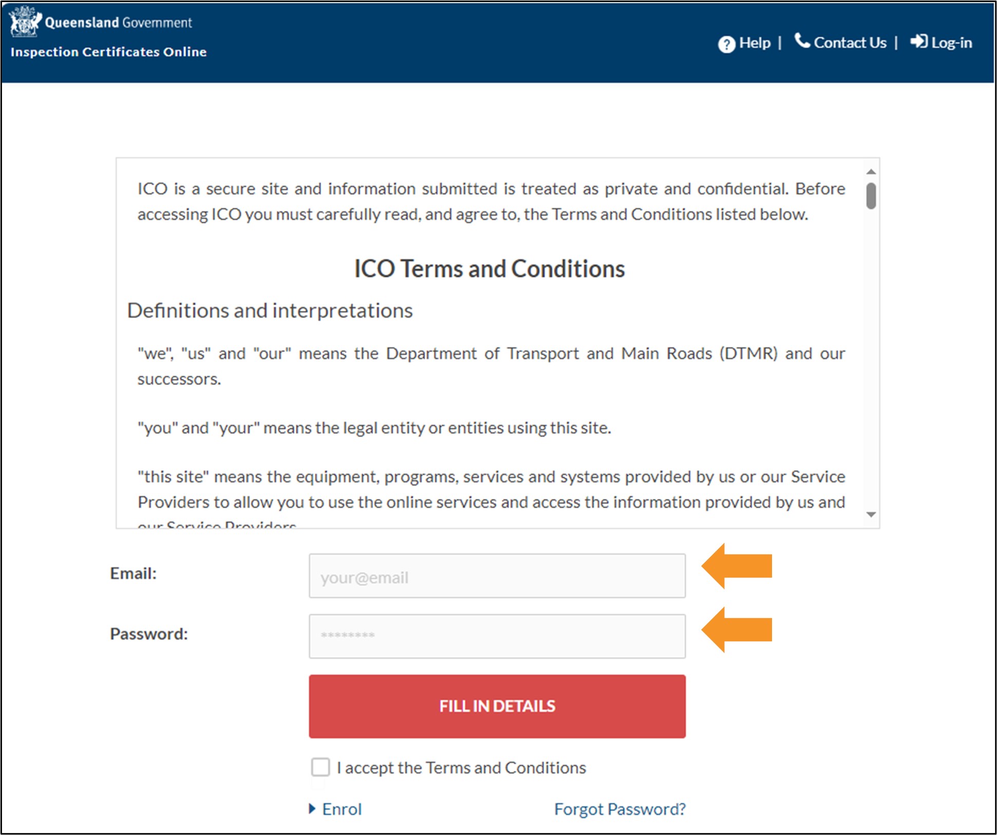 Inspection Certificates Online login screen.