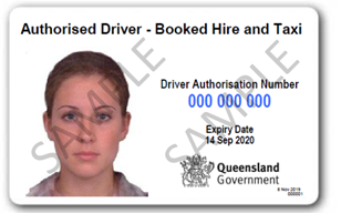 An example of the Authorised Driver - Booked Hire and Taxi card.