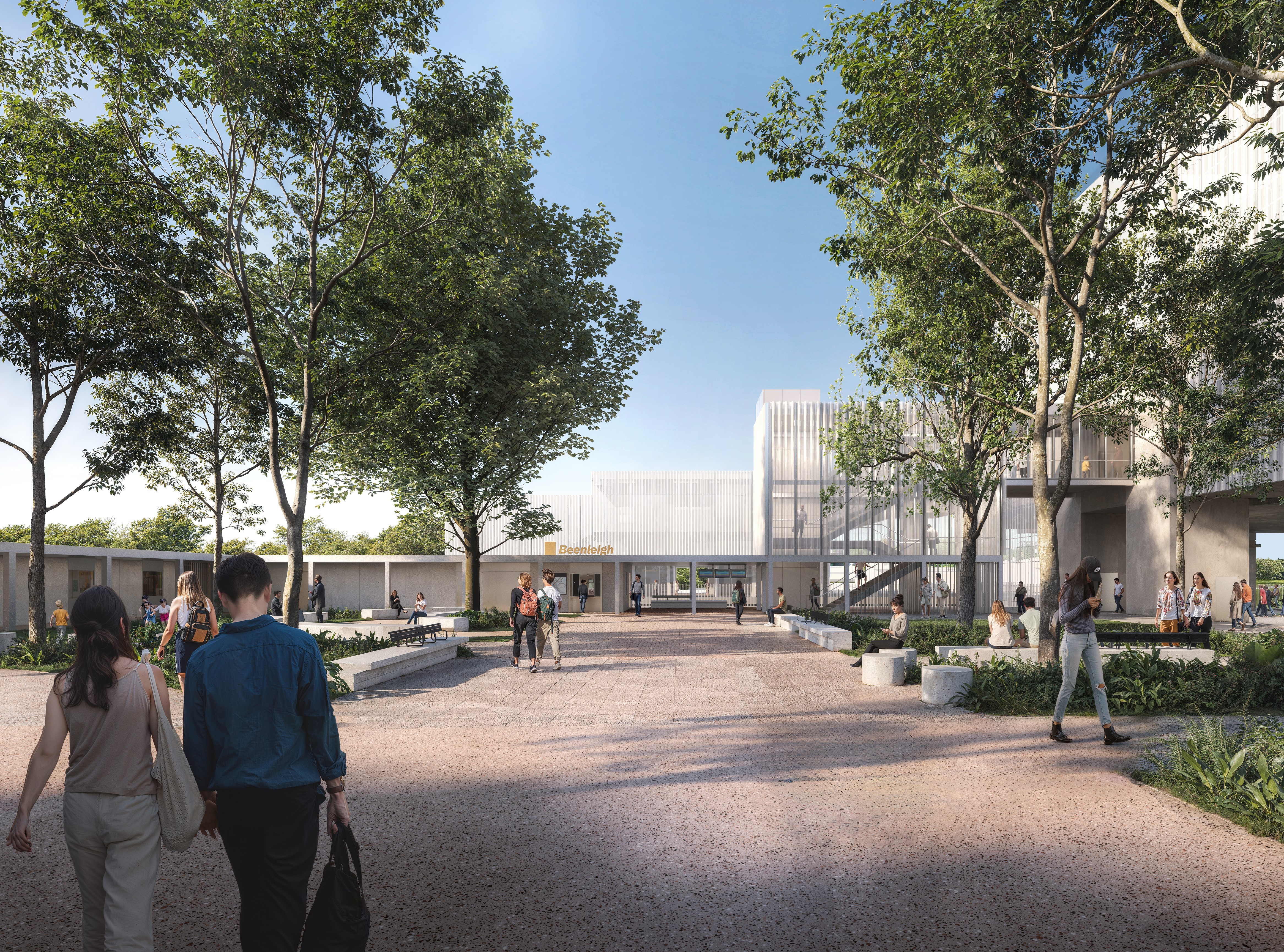 Artist impression of Beenleigh Train station showing the entrance with people walking into and out of the station and pedestrian overpass and lift and stair access. 