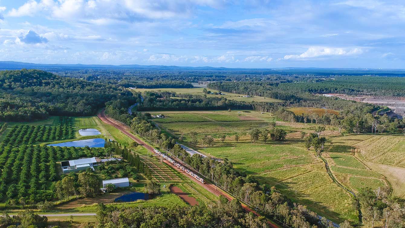 Beerburrum to Nambour rail upgrade duplication study image Aerial view of the Beerburrum to Nambour rail line