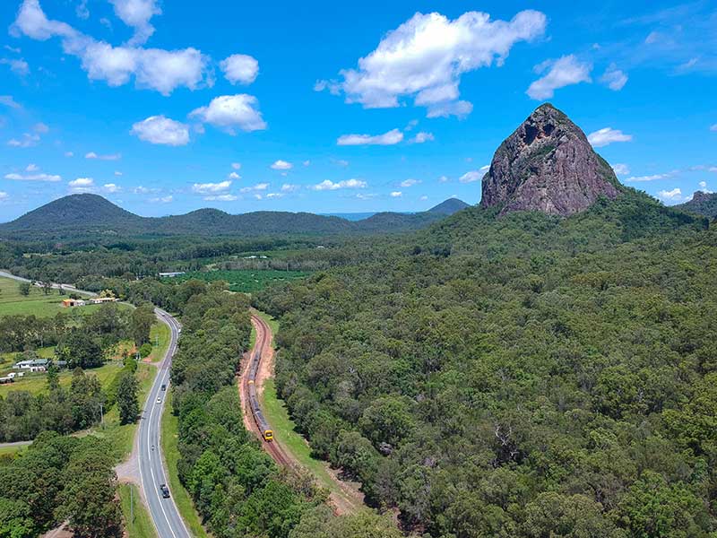 Glasshouse- Beerburrum The North Coast Line meanders through the Glass House Mountains