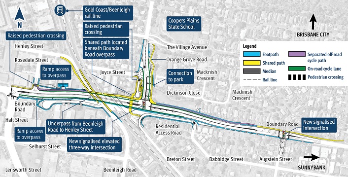 The Boundary Road Level Crossing Project Map displays the following attributes:  1. The Gold Coast / Beenleigh rail line 2. raised pedestrian crossings  3. a shared path located beneath Boundary Road overpass 4. ramp access to overpass at 2 locations 5.an underpass from Beenleigh Road to Henley Street  6. 2 new signalised intersections 7. A new connection to a park.
