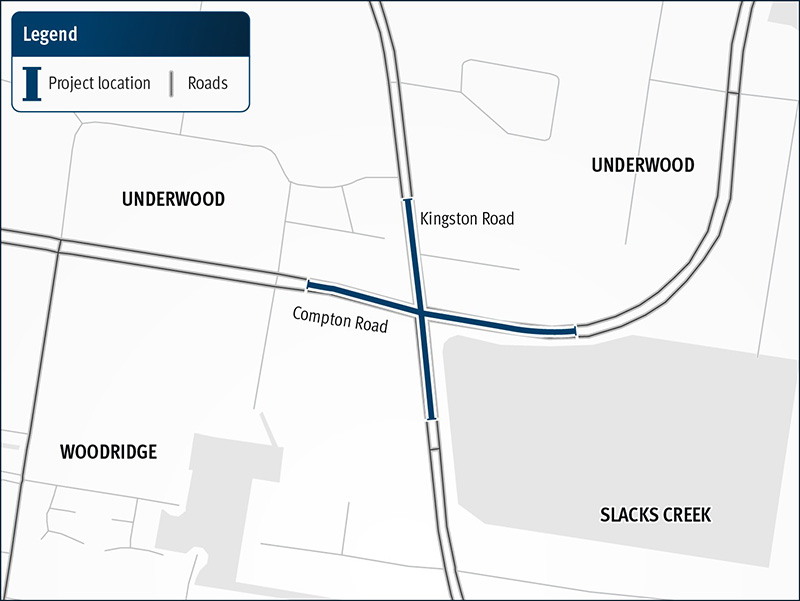 Map shows a proposed 4-way intersection of Kingston Road North – South and Compton Road East-West.