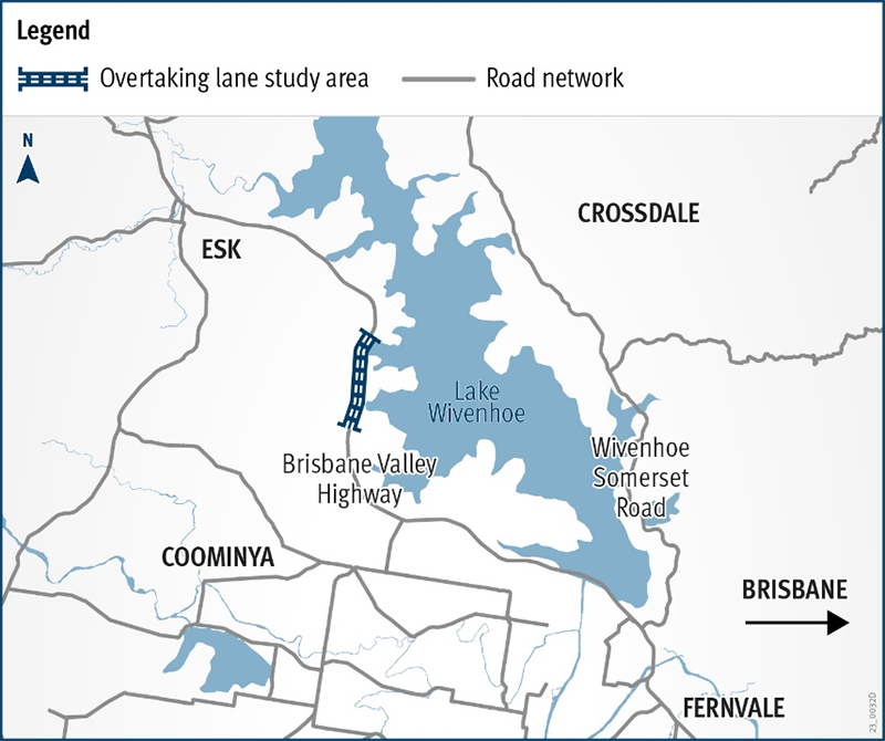 Map showing proposed northbound and a southbound overtaking lanes along the Brisbane Valley Highway between Fernvale and Esk