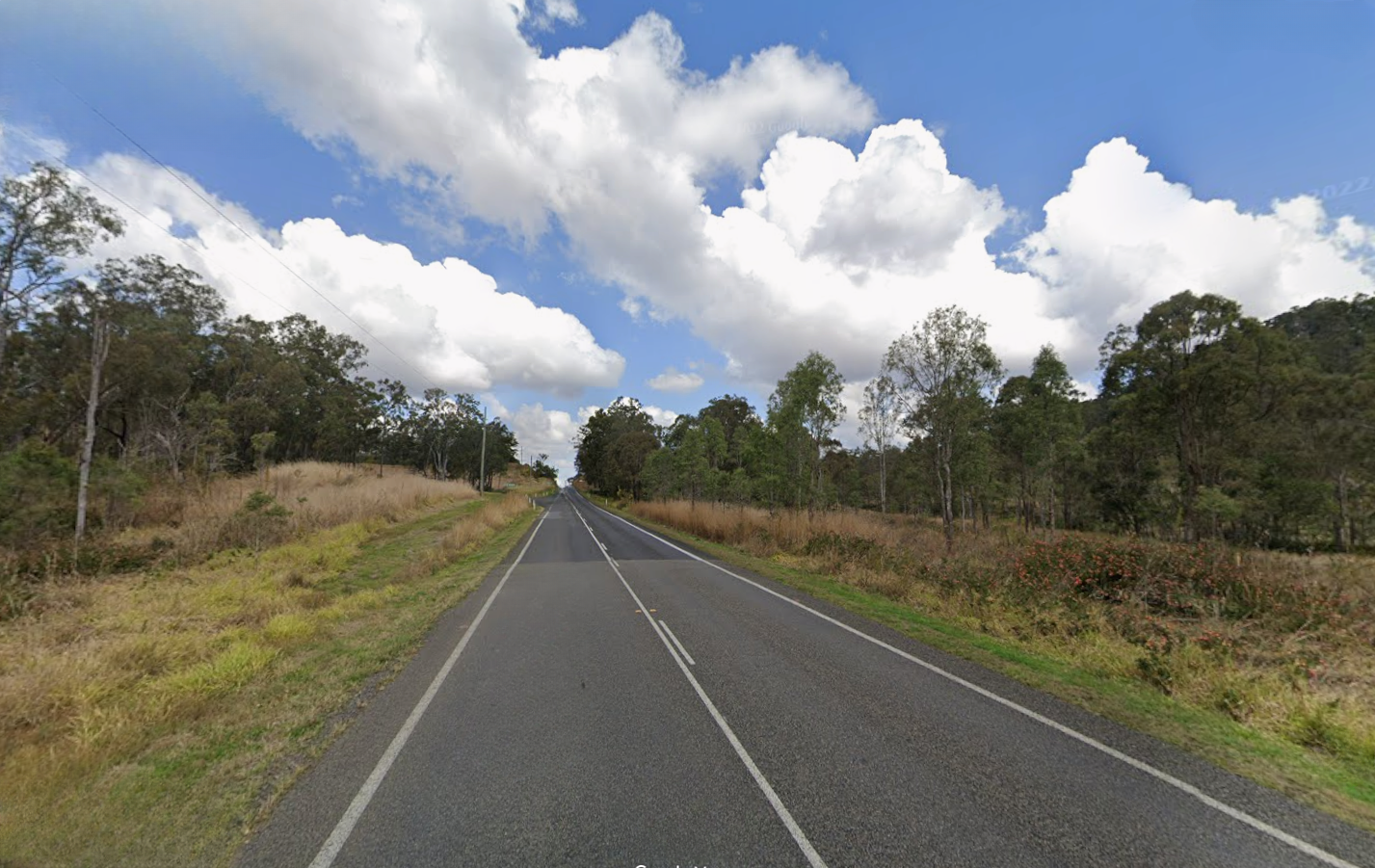 Road with trees on either side with cloudy blue sky.