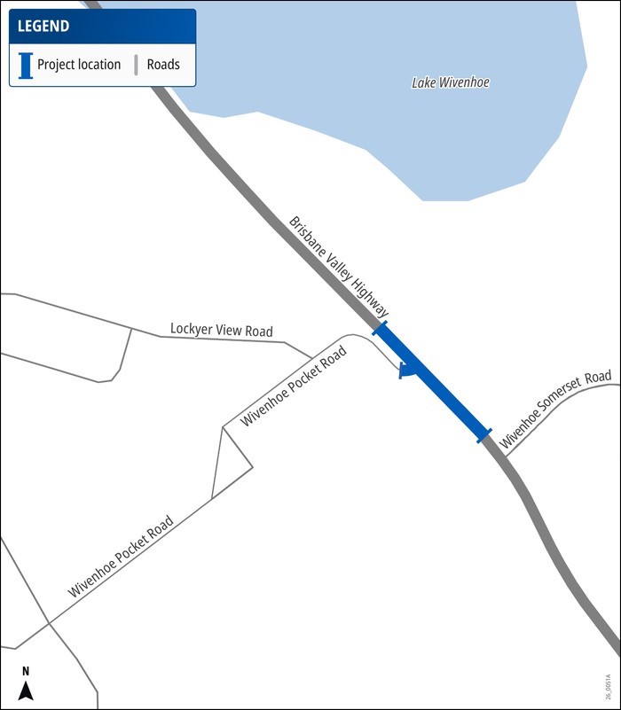Map showing a section of Brisbane Valley Highway to be upgraded at Wivenhoe Pocket Road North