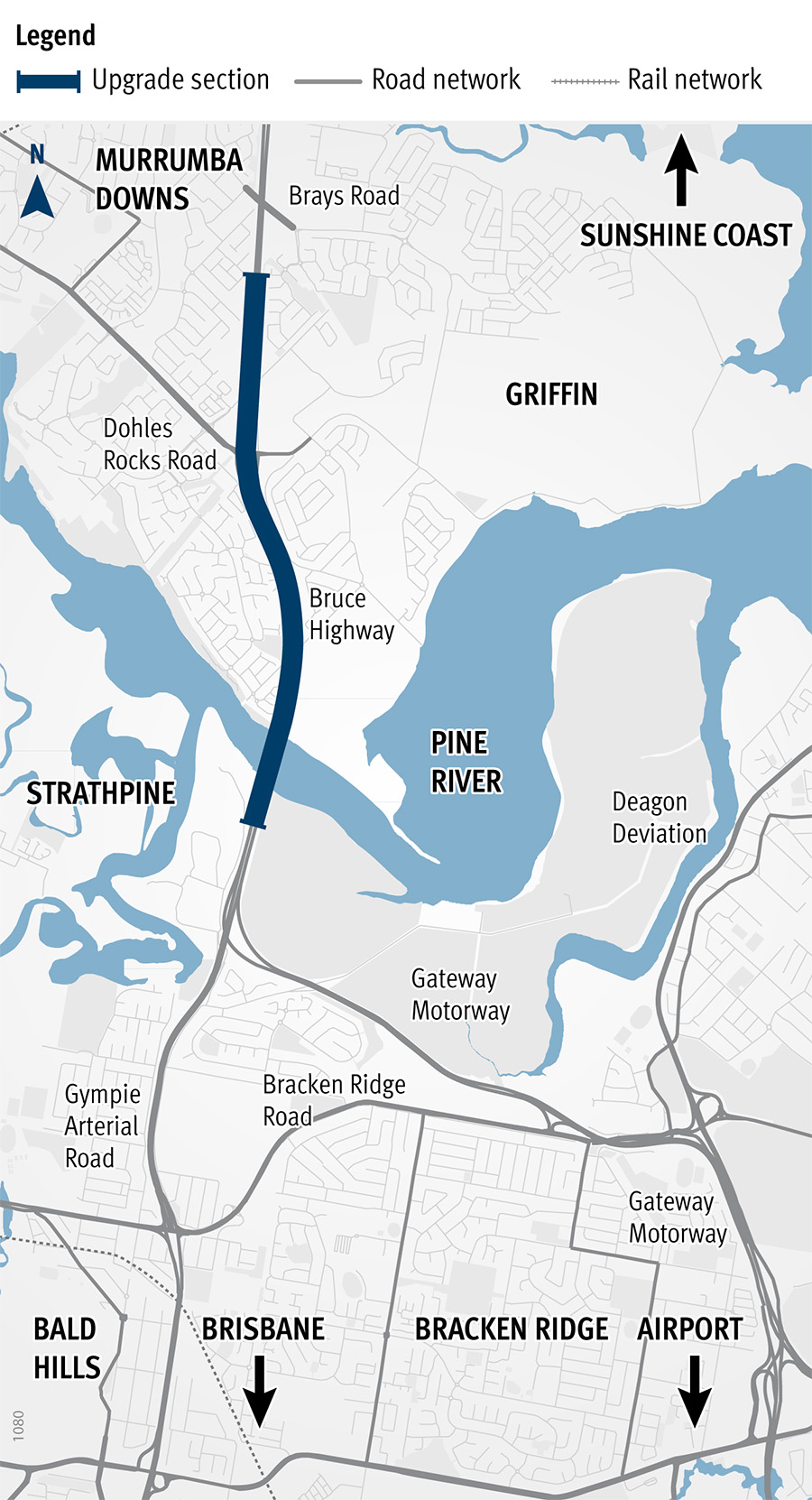 Map showing area of project on the Bruce Highway south of the Pine River, extending north to Dohles Rocks Road interchange.