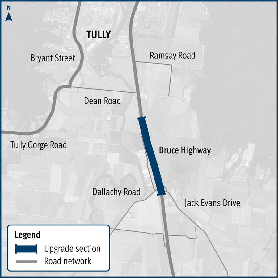 Map showing the section of the Bruce Highway at Dallachy Road, near Tully, where flood immunity improvements will be made.