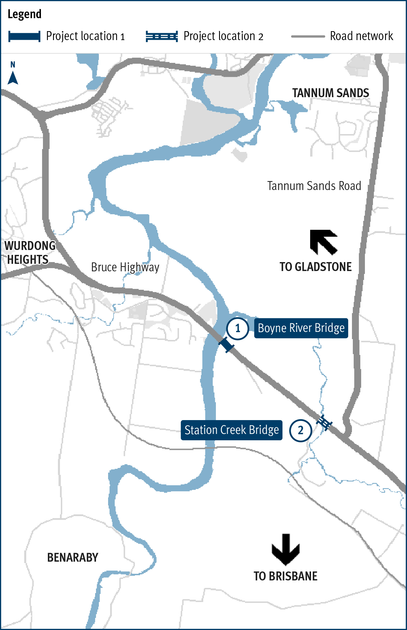 Bruce Highway Gin Gin Benaraby Station Creek and Boyne River project location map