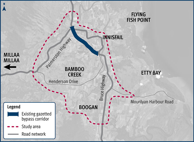 Map showing area of consideration of Bruce Highway Innisfail Cairns Innisfail Bypass plan and preserve corridor project.