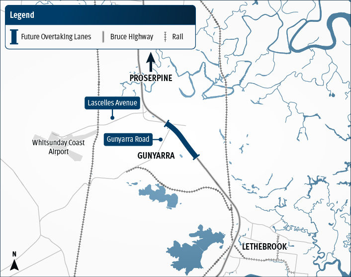 The map shows the location of a project being delivered on the Bruce Highway between Mackay and Proserpine. The road is located in Central Queensland, with the project located about 10km south of Proserpine. The project location is shown by a solid blue line. 