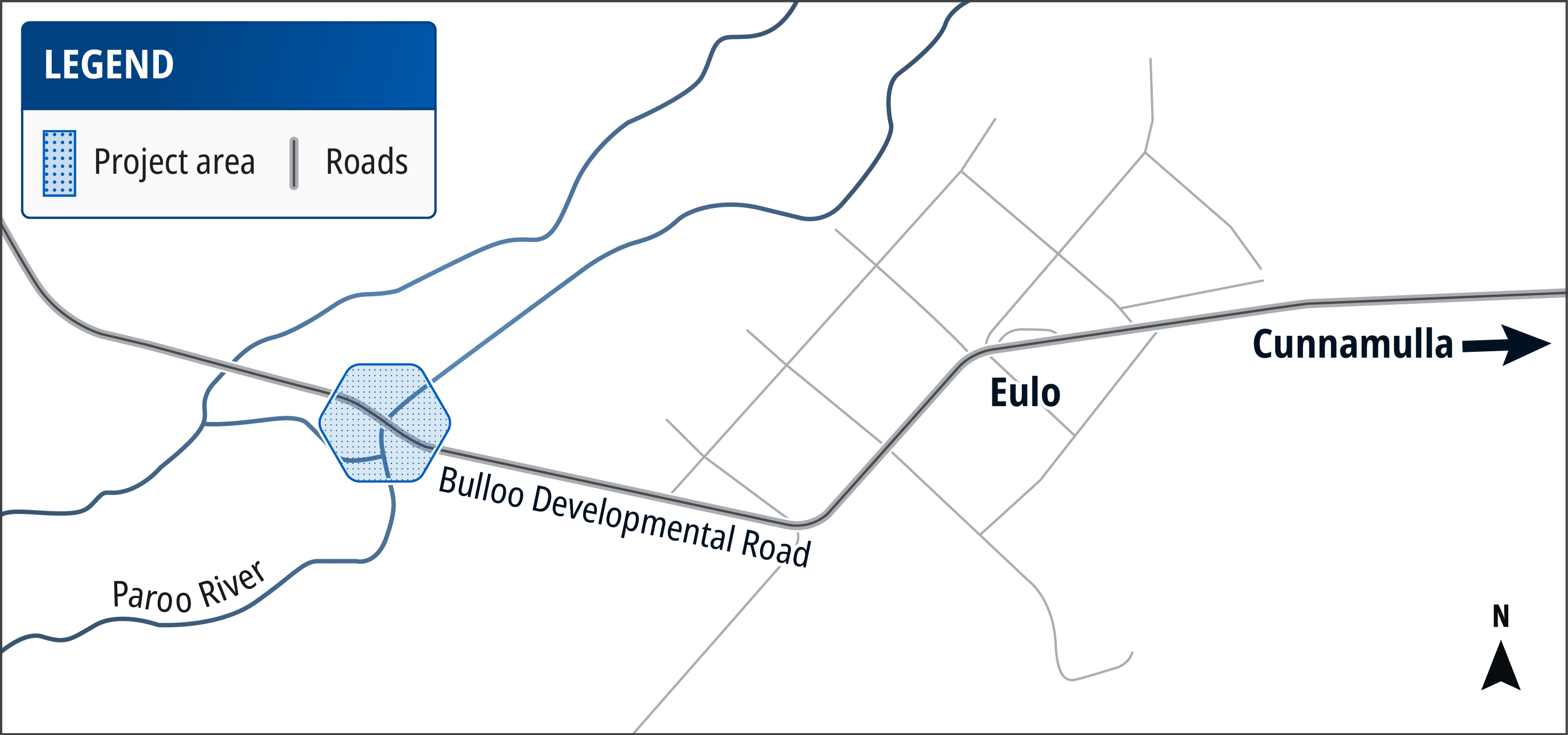 Map of the works happening around the Bulloo Developmental Road (Cunnamulla – Thargomindah), Paroo River bridge replacement.