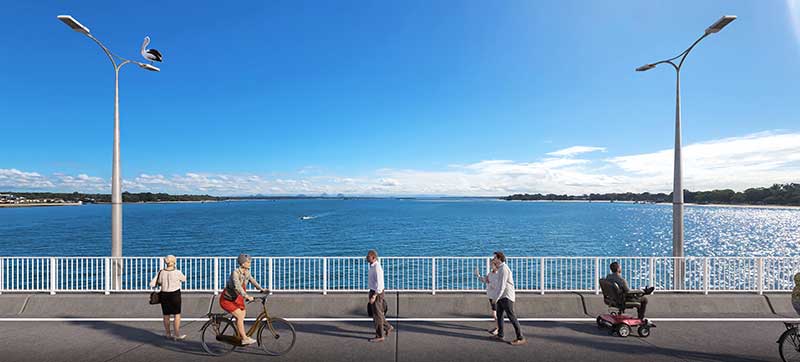 Image: Artist’s impression of the active transport path. A barrier separates walkers and riders from traffic on an active transport path on the northern side of the new bridge. Features such as rest areas continue to be investigated.