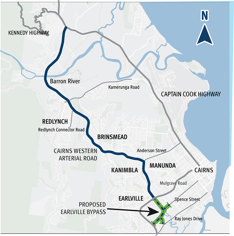 Map of Cairns Western Arterial Road from Captain Cook Highway in Smithfield to Mulgrave Road, Cairns, showing the proposed Bruce Highway, Cairns Southern Access Corridor (Stage 6), Earlville Bypass which is an extension of McCoombe Street linking to the Bruce Highway.