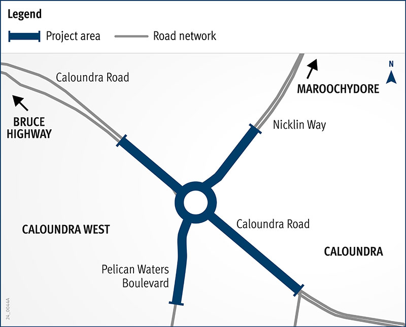 Location map highlighting the project area included in planning for the Caloundra Road and Nicklin Way intersection upgrade. The current roundabout and each of its four approaches are highlighted. Arrows indicate the direction to Maroochydore and to the Bruce Highway.  