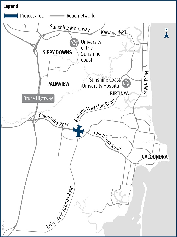 Caloundra Road, Kawana Way Link Road and Bells Creek Arterial Road intersection planning project location map