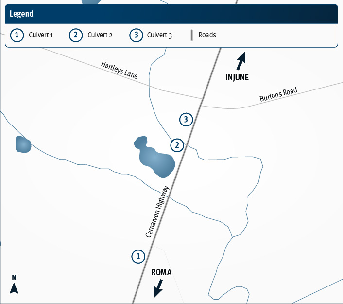 Carnarvon Highway (Roma - Injune), major culvert upgrades project map.