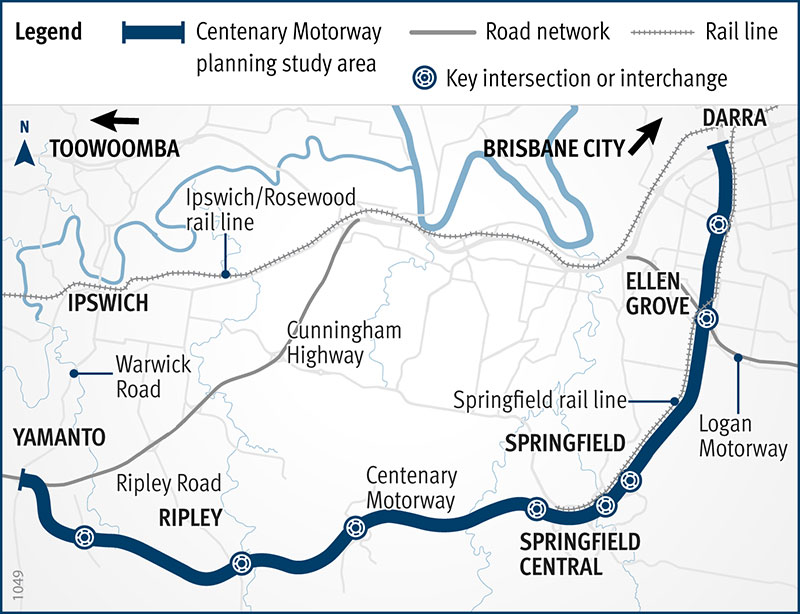 Map showing the project study area, highlighting the Centenary Motorway between Darra and Yamanto.