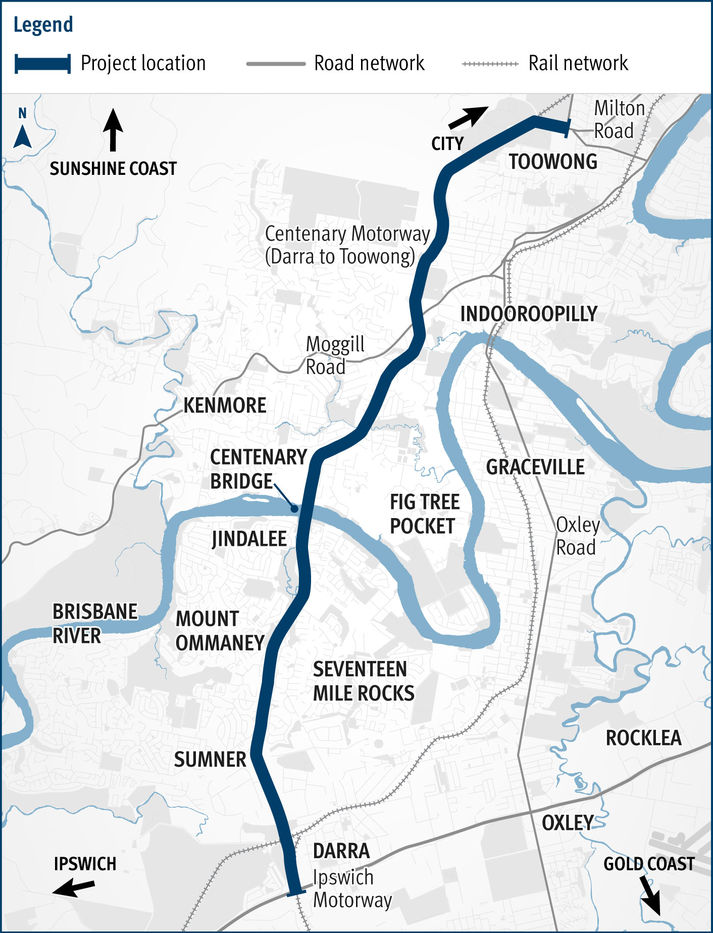 Map shows an overview of the corridor location. The project is between the Ipswich Motorway, Darra and the Toowong roundabout, Toowong