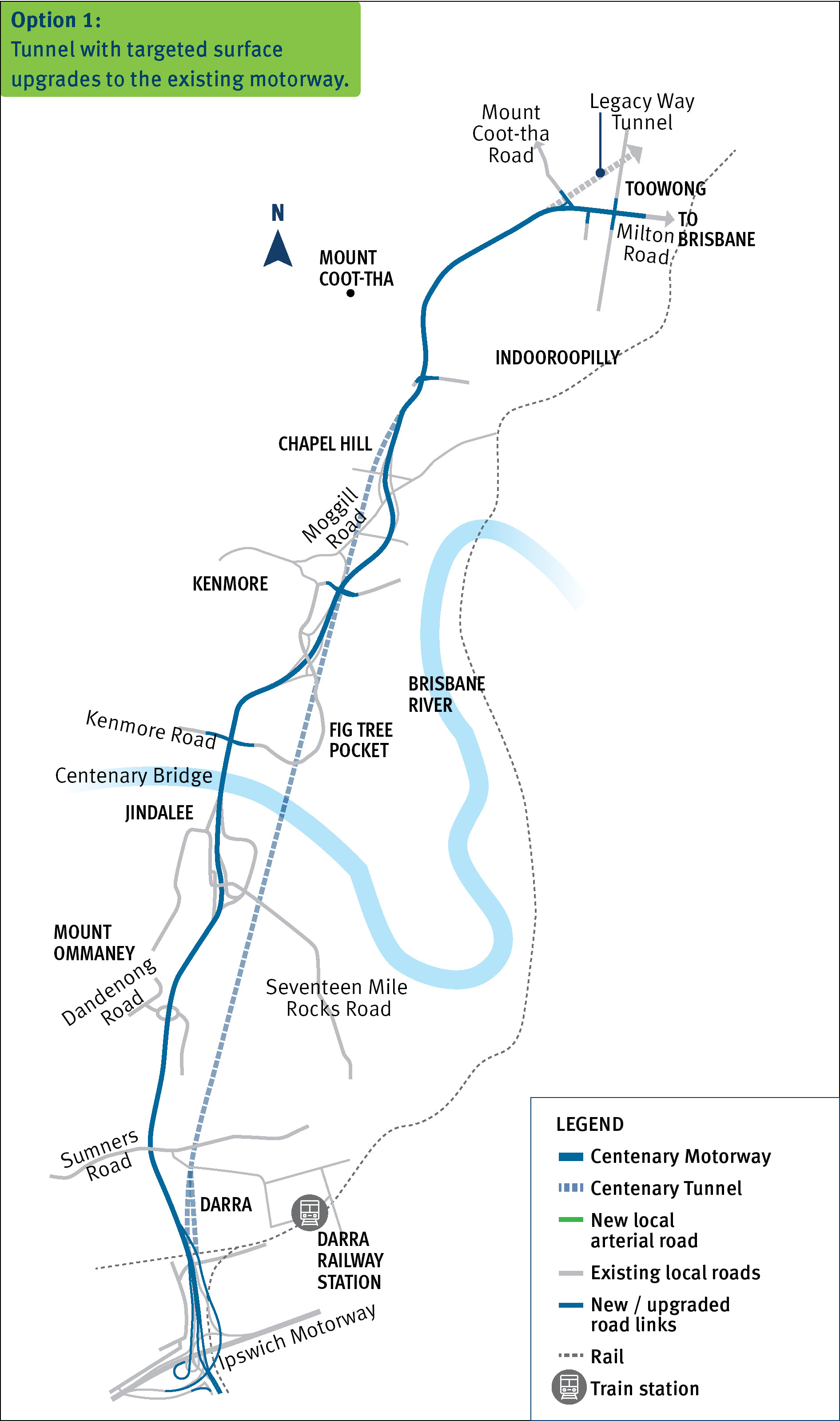 Map of masterplan option 1 - a tunnel with targeted surface upgrades to the existing motorway.