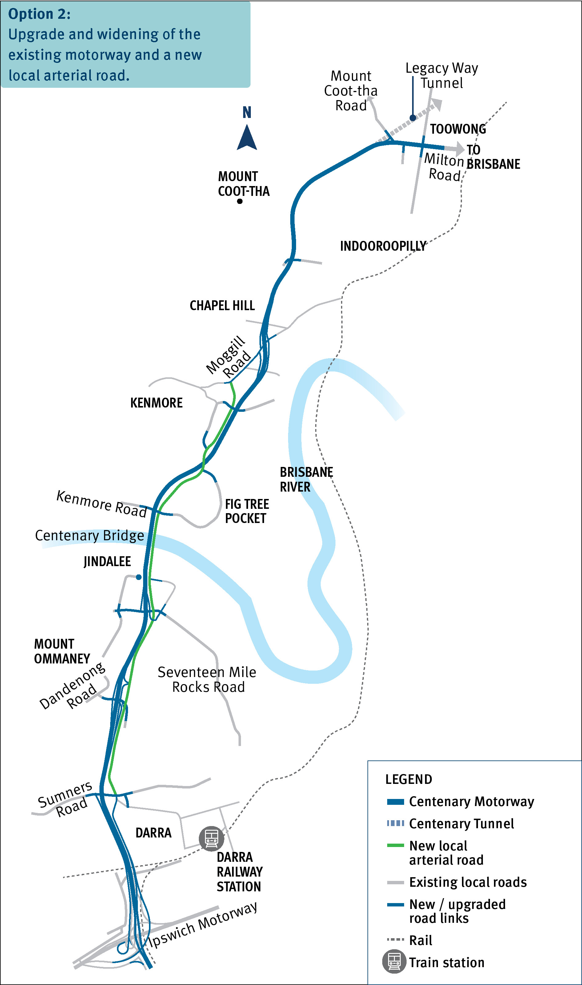 Map of masterplan option 2 - upgrade and widening of the existing motorway and a new arterial road.