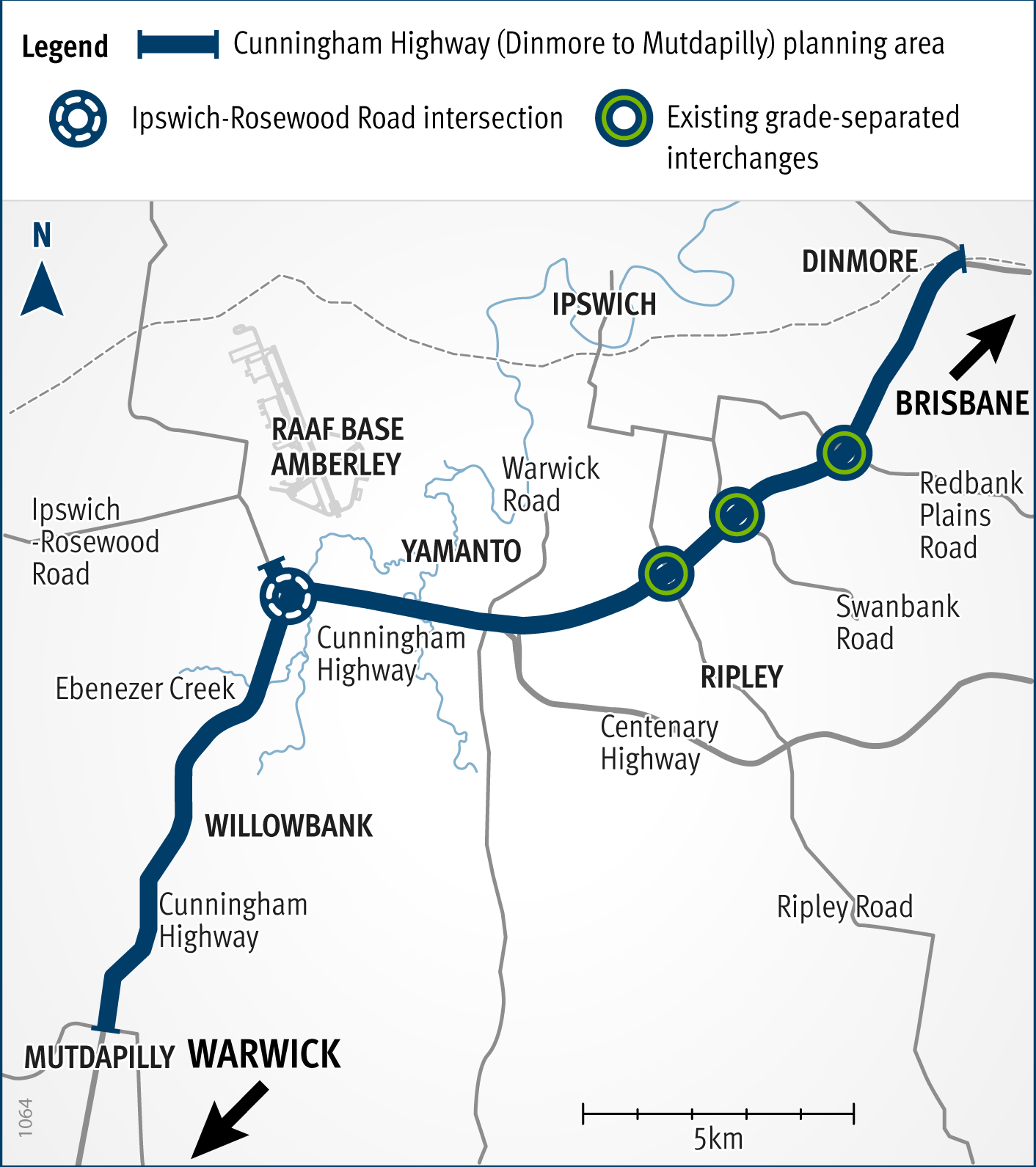 Map showing location of the Cunningham Highway (Dinmore to Mutdapilly) corridor upgrade, including the Ipswich–Rosewood Road intersection in Amberley.