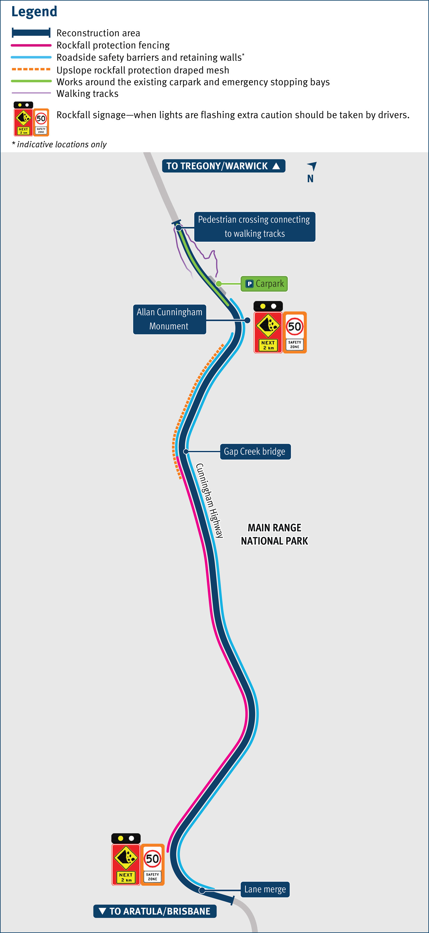 Map showing the location and identifying the project’s start and end points, extending west towards Warwick and east towards Ipswich and Brisbane.