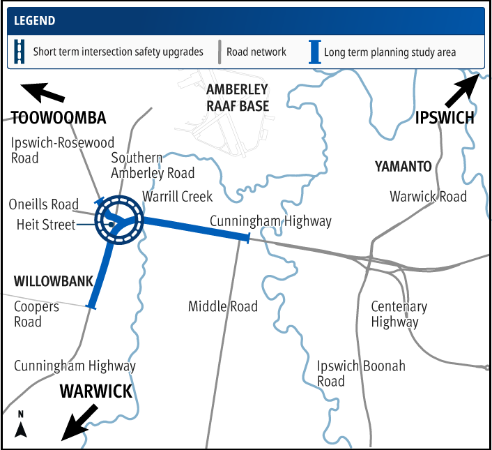 Map showing location of the planning study area considering potential upgrades to the Cunningham Highway and Ipswich–Rosewood Road intersection in Amberley, using a blue line that joins at Oneills Road and Heit Street. A blue circle indicates the location of the intersection over the join.