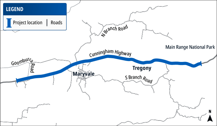 Cunningham Highway (Ipswich – Warwick), Cunninghams Gap to west of Gladfield rest area, pavement strengthening project map.