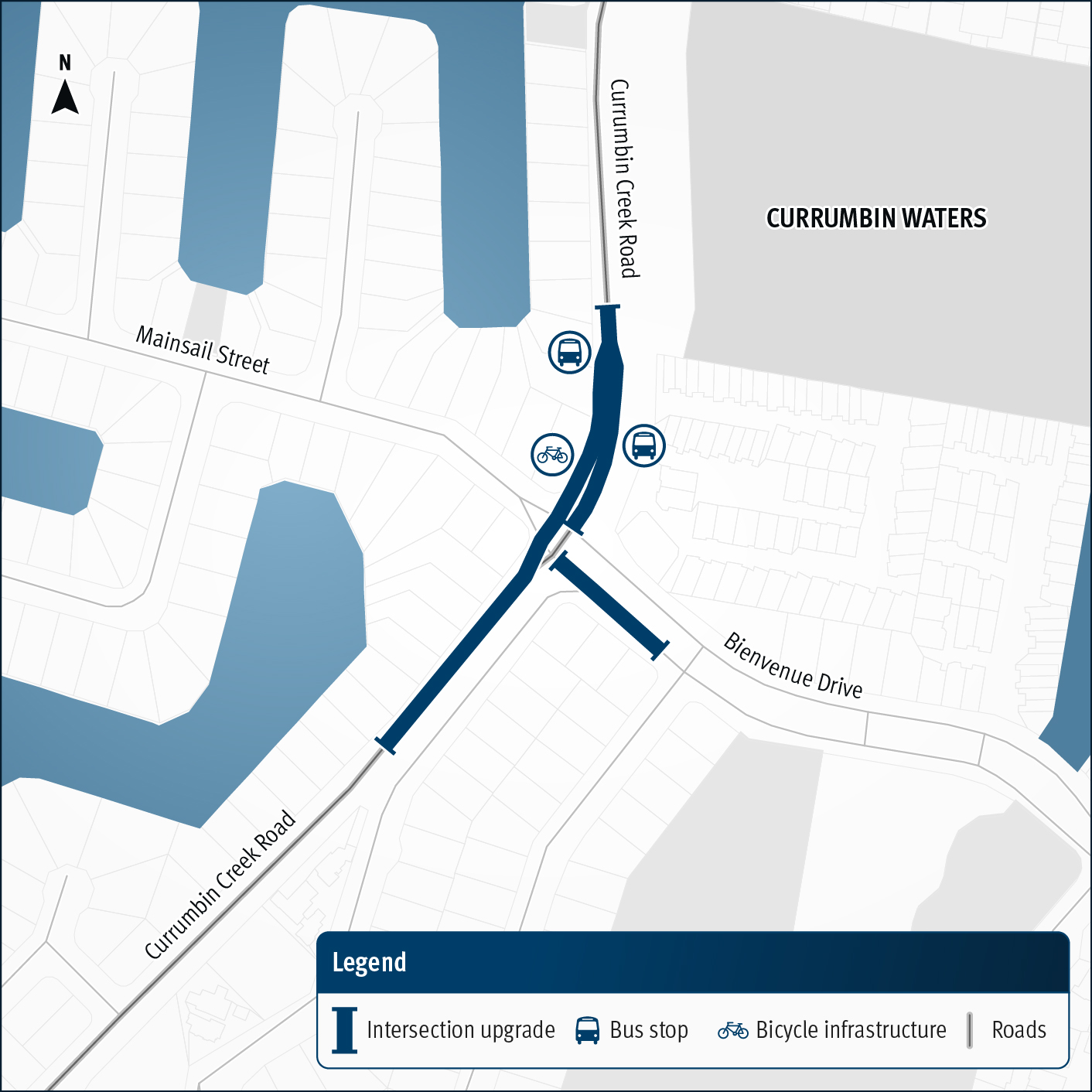 A map showing the intersection upgrade location between Currumbin Creek Road and Bienvenue Drive.  