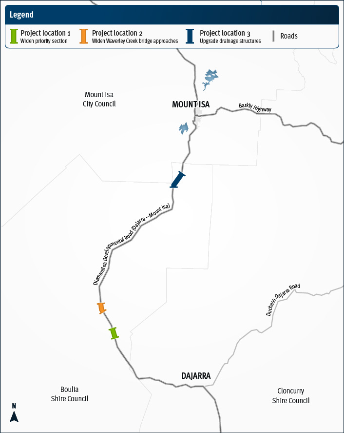 The map shows the locality of three projects being delivered progressively on the Diamantina Developmental Road (Dajarra – Mount Isa) to improve safety on this road. The road is located between the townships of Dajarra and Mount Isa in far western Queensland, with the projects located in sections from around 50km to 130km north-west of Dajarra. Project location 1 is shown by a solid green line. Project location 2 is shown by a solid orange line. Project location 3 is shown by a solid dark blue line. The supporting road network including the Duchess Dajarra Road and Barkly Highway is also shown on the map.