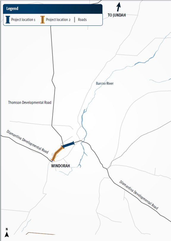 This map shows the locality of 2 projects being delivered progressively on the Diamantina Developmental Road (Quilpie – Windorah) (Sections 1 and 2) to improve safety on this road. The road is located between the townships of Windorah and Quilpie in far western Queensland, with the projects located about 2km north-east of Windorah and include upgrades to the intersection at Thompson Developmental Road. Project location 1 is shown by a solid blue line. Project location 2 is shown by a solid orange line. The supporting road network including the Thompson Developmental Road is also shown on the map.
