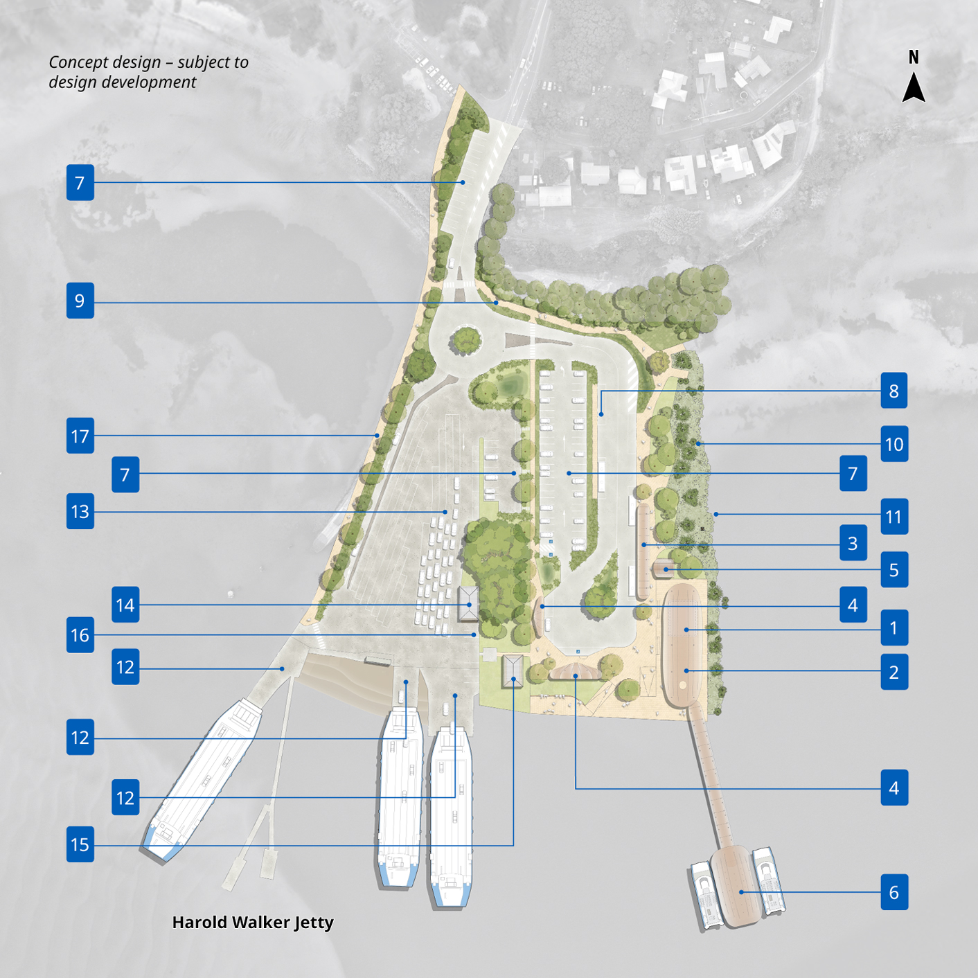Arial image of the Dunwich (Gumpi) Ferry Terminal with numbered markers showing areas part of concept design in reference to the legend. 