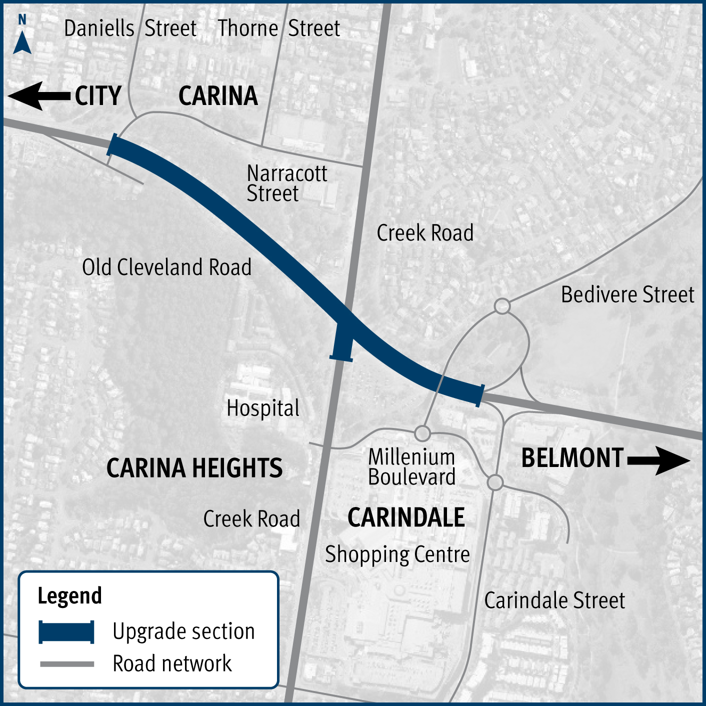 map showing the location of works for Eastern Transityway (Stage 1), bus priority works.