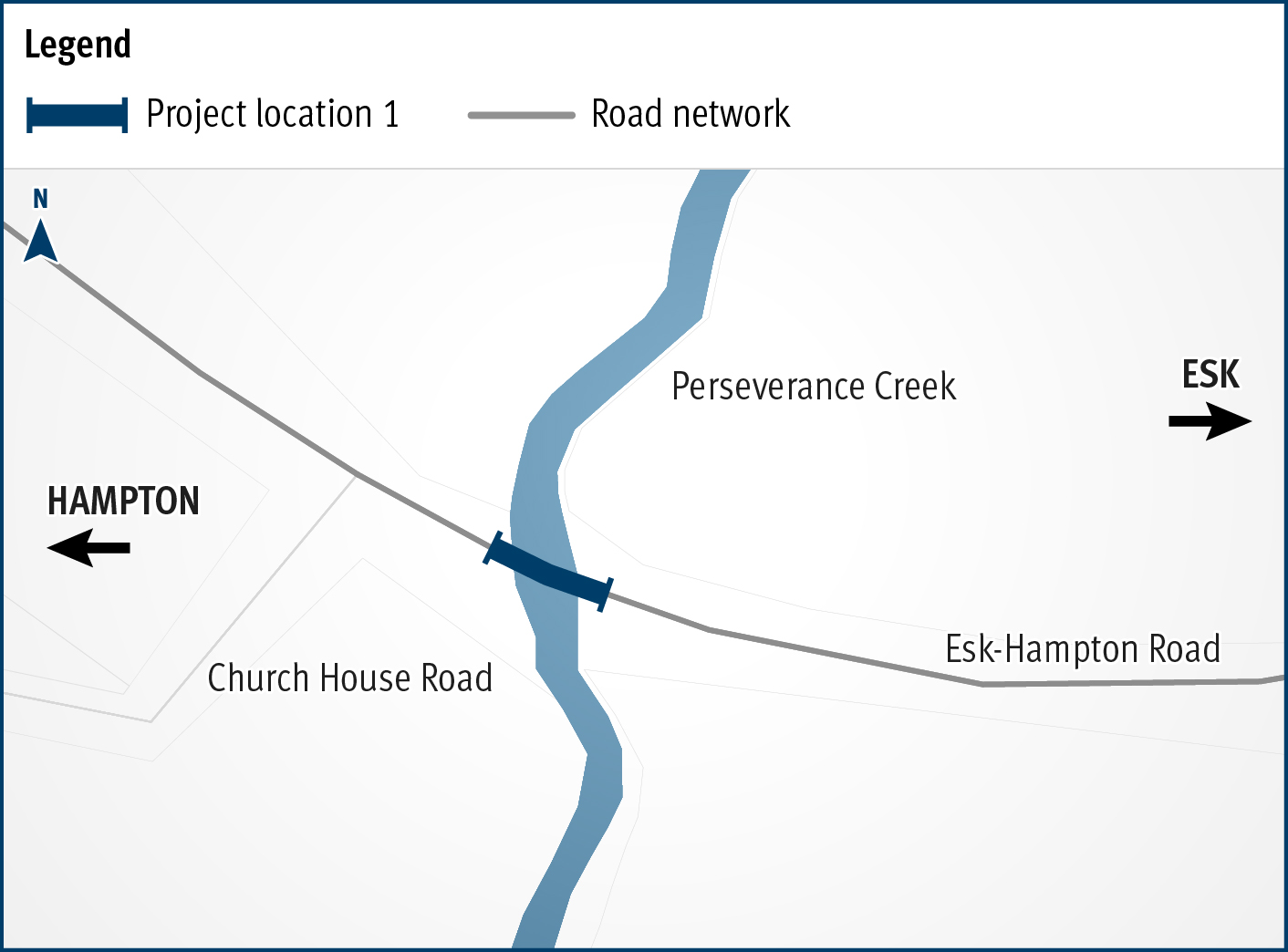 Map of the project area where the culvert will be replaced on Esk-Hampton Road at Perseverance Creek.