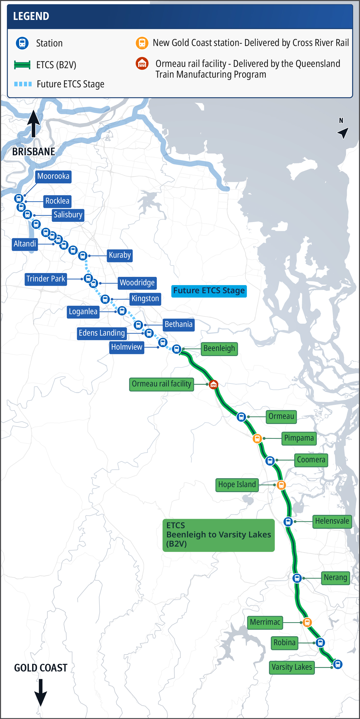 Map of the Gold Coast Line. Areas highlighted in green are where the European Train Control System (ETCS) will be implemented. Areas indicated with a blue dotted line indicate a future implementation of ETCS.