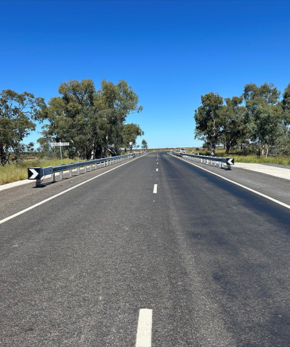 Dalby–Cecil Plains Road stabilised pavement, concrete batters and floodways after construction.