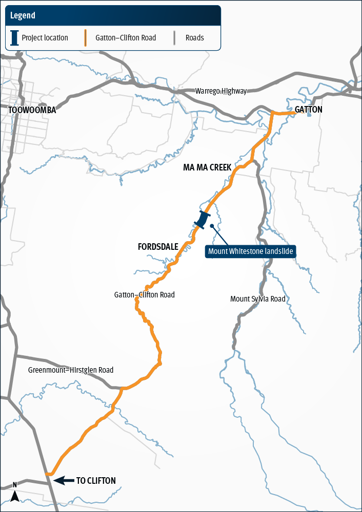 Map of Gatton - Clifton Road. Area highlighted is between Gatton and Greenmount–Hirstglen Road