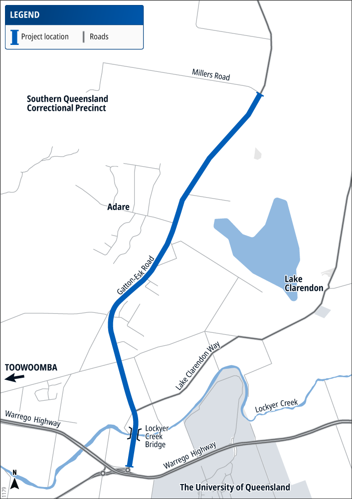 A map showing the full length of the investigation area on Gatton–Esk Road.