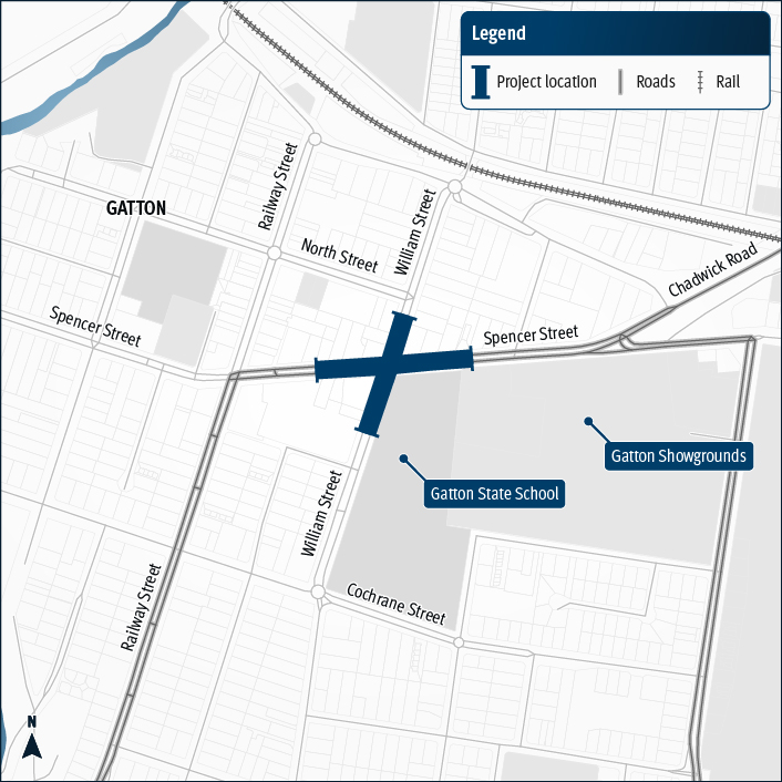Map highlighting the project location for safety improvements at the intersection of Gatton-Helidon Road (locally known as Spencer Street) and William Street in Gatton.