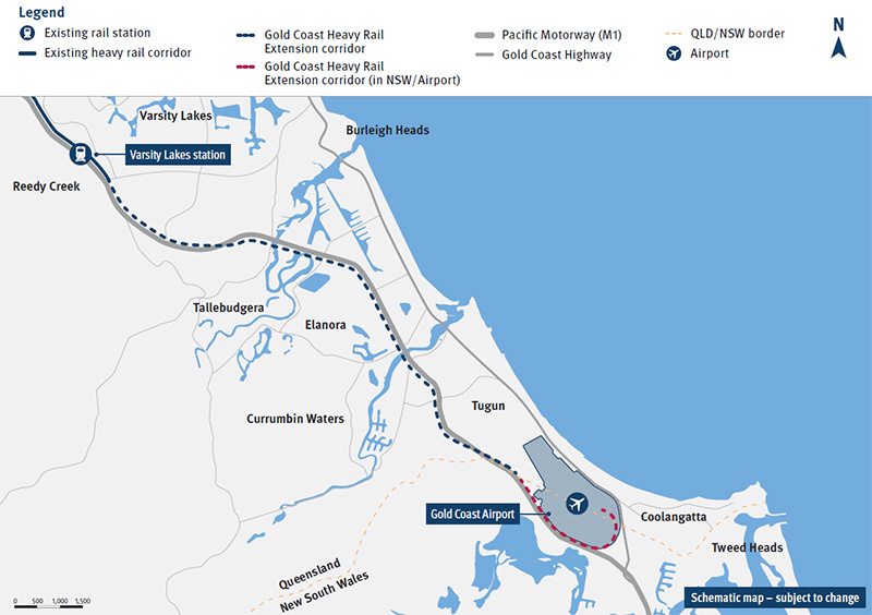 The Gold Coast Heavy Rail Extension Varsity Lakes to Gold Coast Airport corridor including the 2008 preserved alignment to the Queensland/New South Wales border.