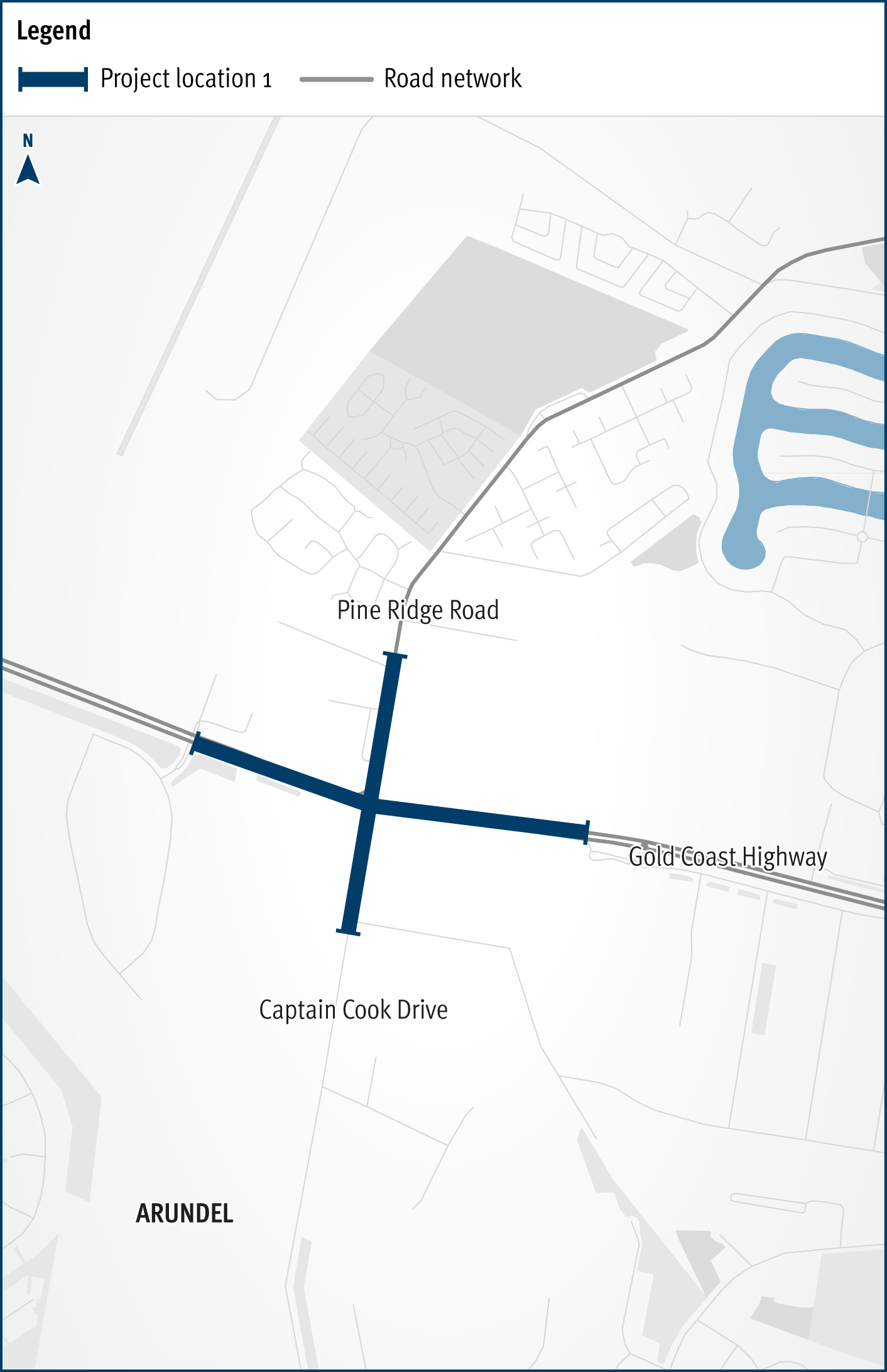 Map showing Gold Coast Highway between the intersections of Pine Ridge and Captain Cook Drive. Map includes proposed widening by providing new dual turning lanes and extended lane lengths.