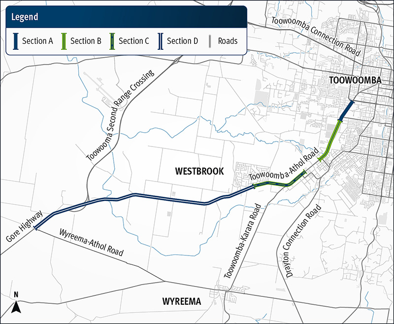 Map of the project area where the department is designing safety improvements for The Gore Highway (Toowoomba – Millmerran) and Toowoomba–Athol Road, locally known as Anzac Avenue, between James Street and Wyreema–Athol Road.