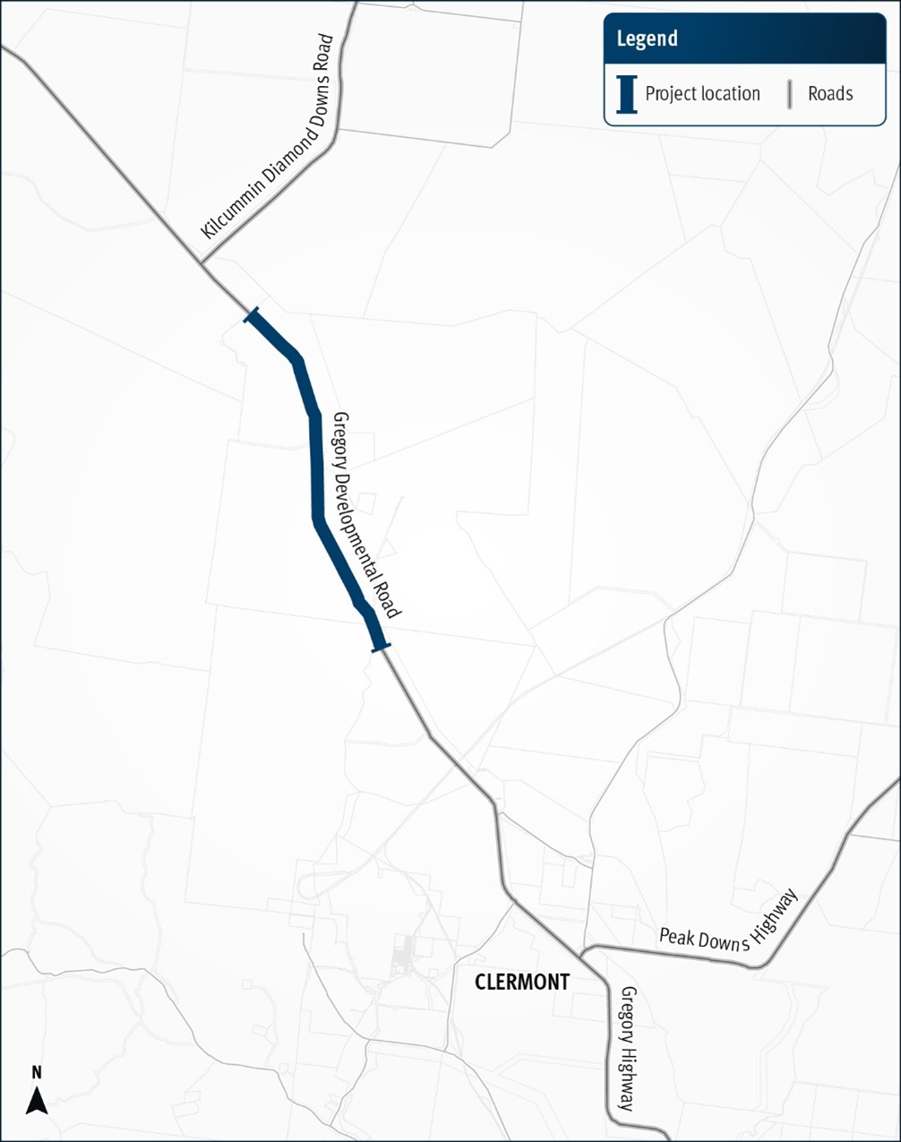 The map shows the location of a project being delivered on the Gregory Developmental Road between Clermont and Charters Towers, to improve improve safety and efficiency on this key transport link. The road is located in central Queensland, with the project located about 25 kilometres north of Clermont. The project location is shown by a solid blue line. The supporting road network including Peak Downs Highway to the south and Kilcummin Diamond Downs Road to the north, is also shown on the map.
