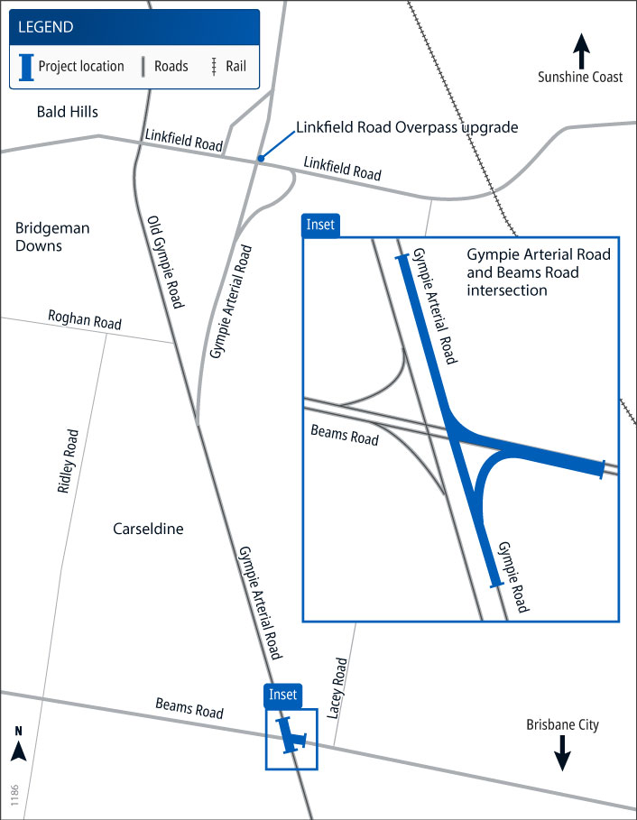 A map showing the location of the Gympie Arterial Road and Beams Road (Carseldine), intersection upgrade project.