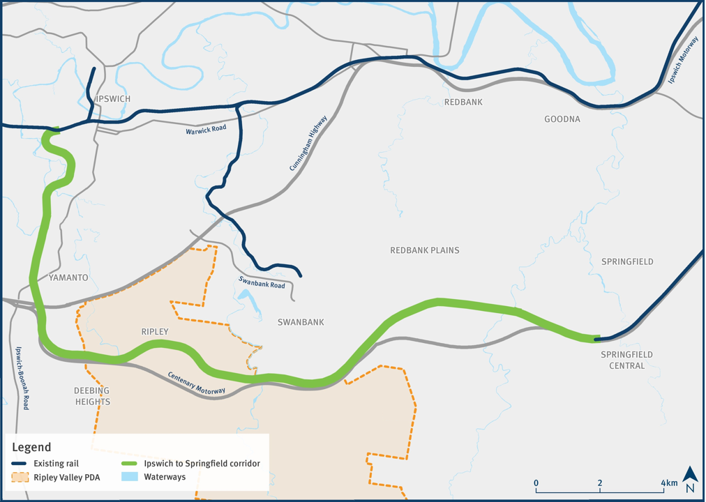 Map of the Ipswich to Springfield Public Transport Corridor. Surrounding State-controlled road network and Ripleyt Valley Priority Development Area depicted. Locations on the map include Springfield Central, Redbank Plains, Swanbank, Ripley, Yamanto and Ipswich.
